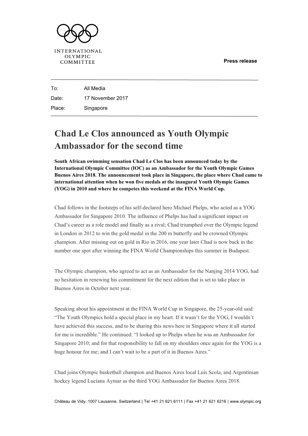 Chad Le Clos Announced As Youth Olympic Ambassador for the Second Time