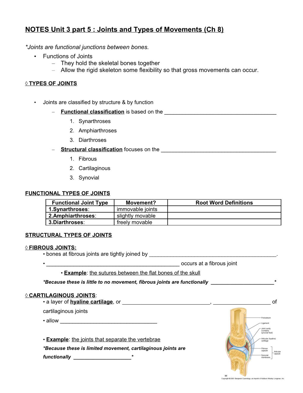 NOTES Part 5 : Joints and Types of Movements (Ch 8)