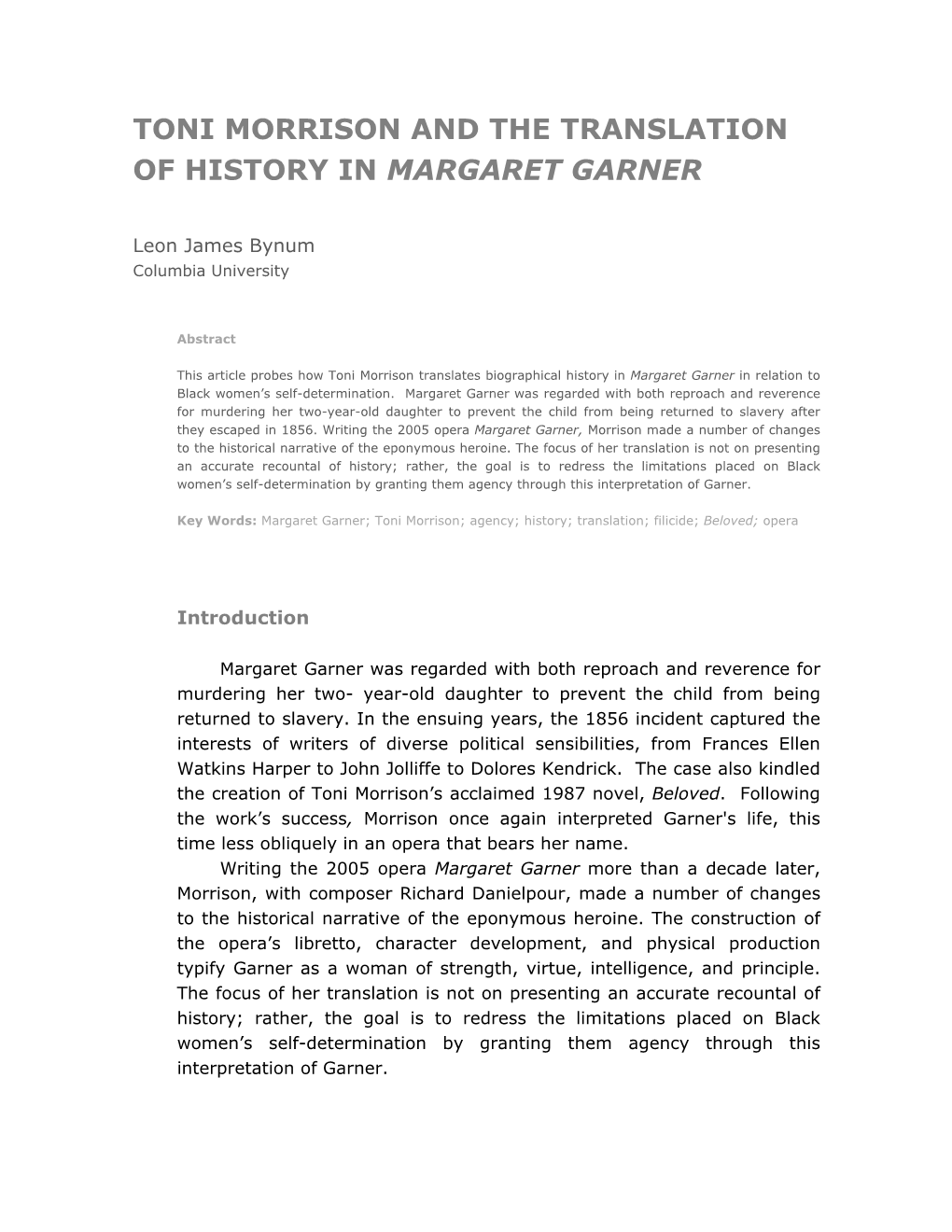 Toni Morrison and the Translation of History in Margaret Garner