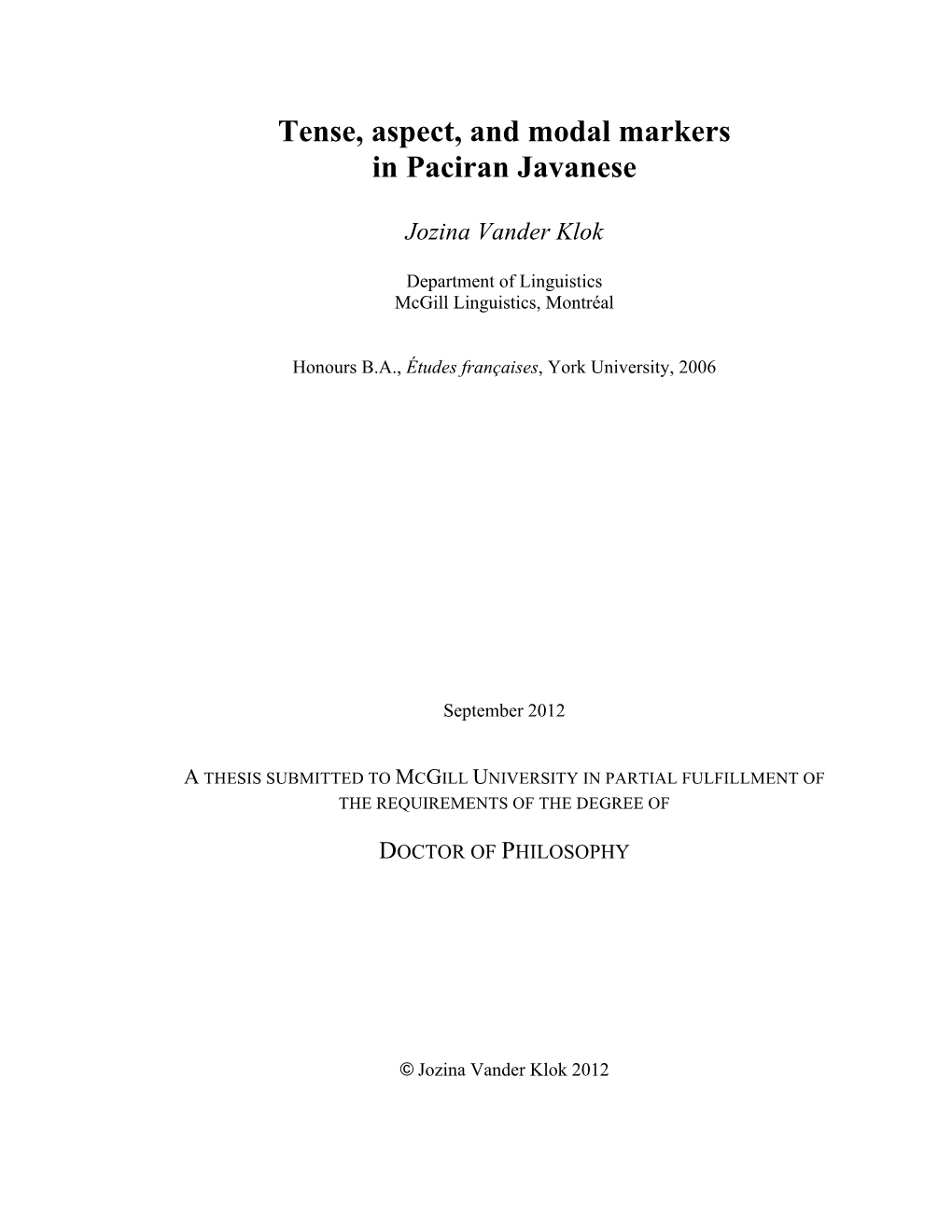 Tense, Aspect, and Modal Markers in Paciran Javanese