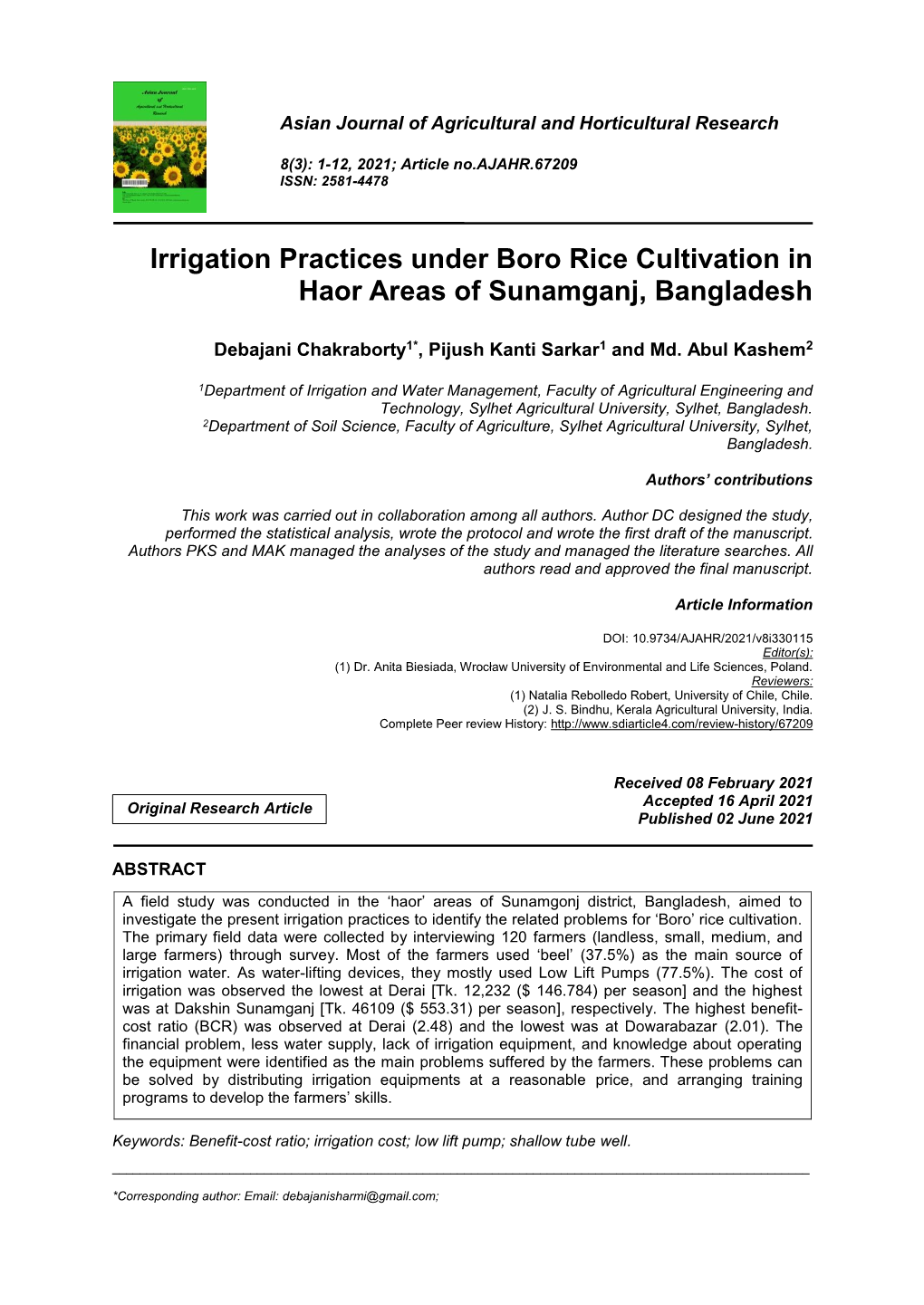 Irrigation Practices Under Boro Rice Cultivation in Haor Areas of Sunamganj, Bangladesh