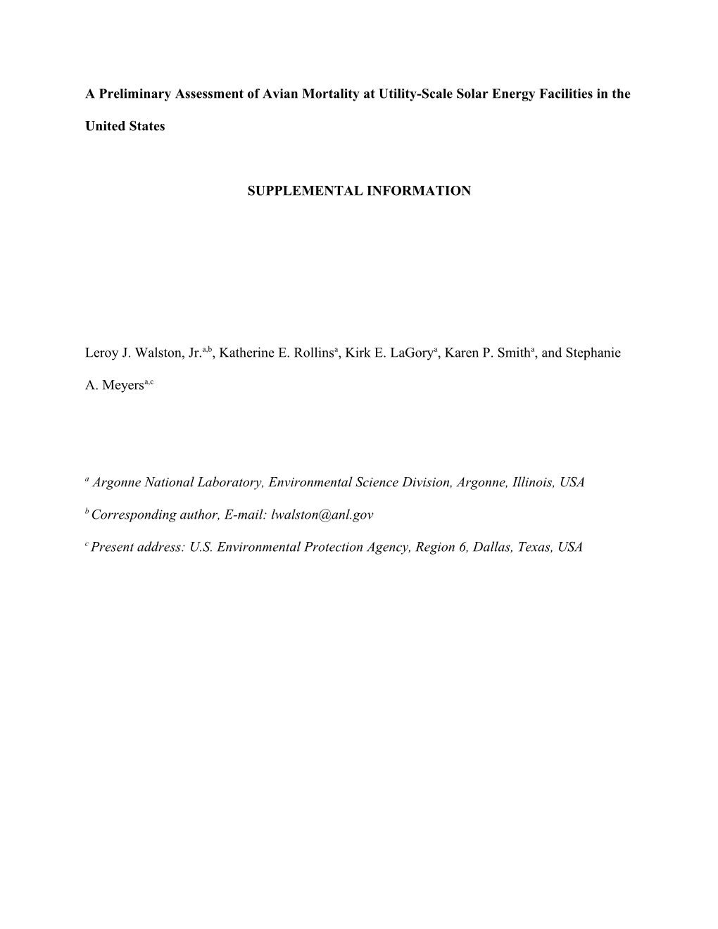 A Preliminary Assessment of Avian Mortality at Utility-Scale Solar Energy Facilities In