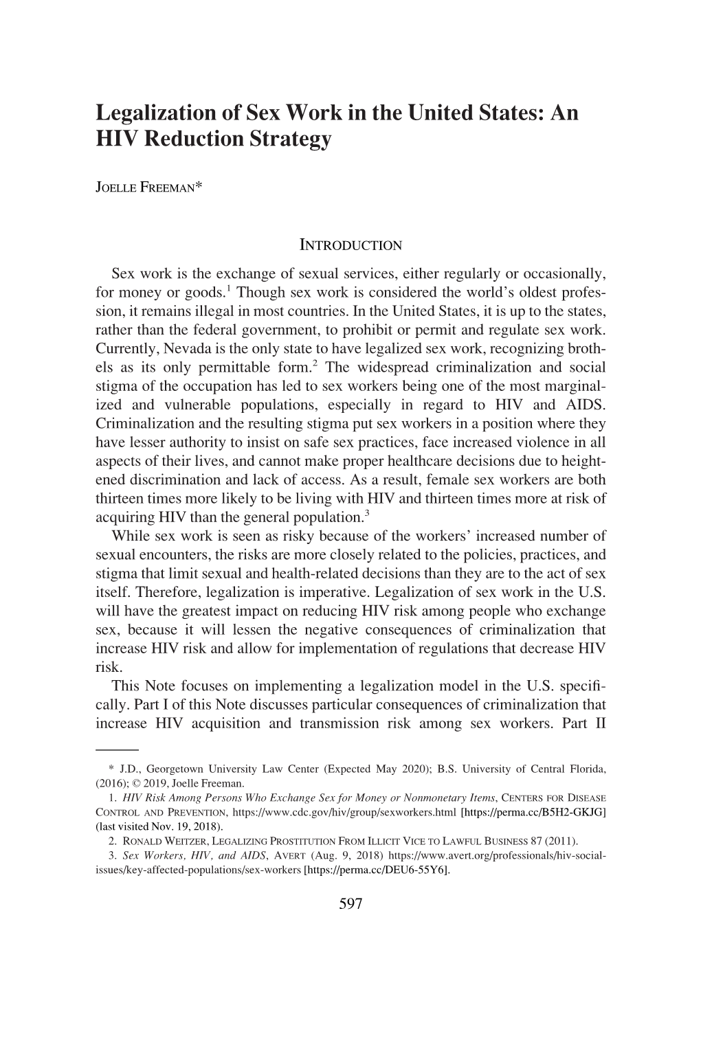 Legalization of Sex Work in the United States: an HIV Reduction Strategy