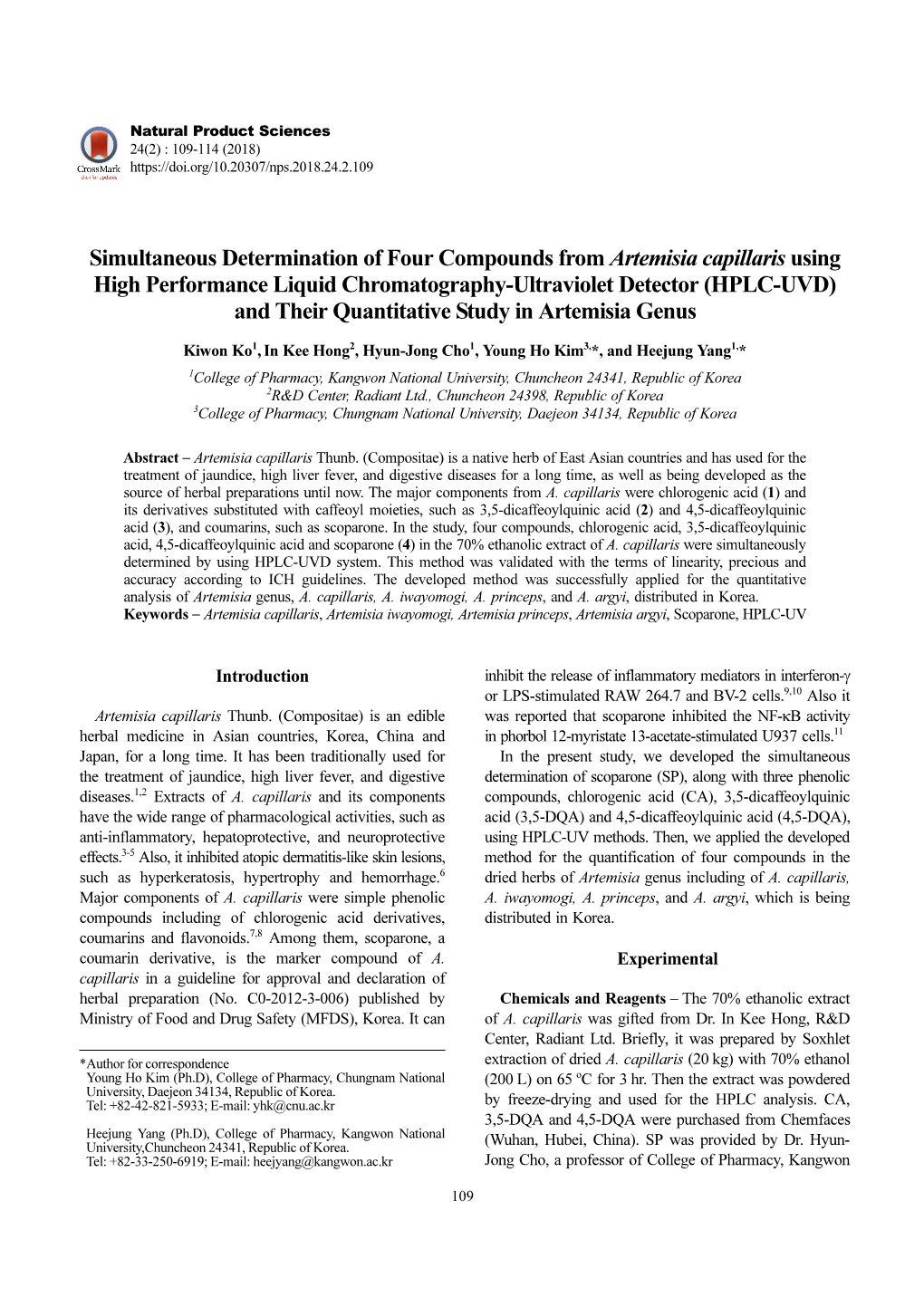 Simultaneous Determination of Four Compounds from Artemisia