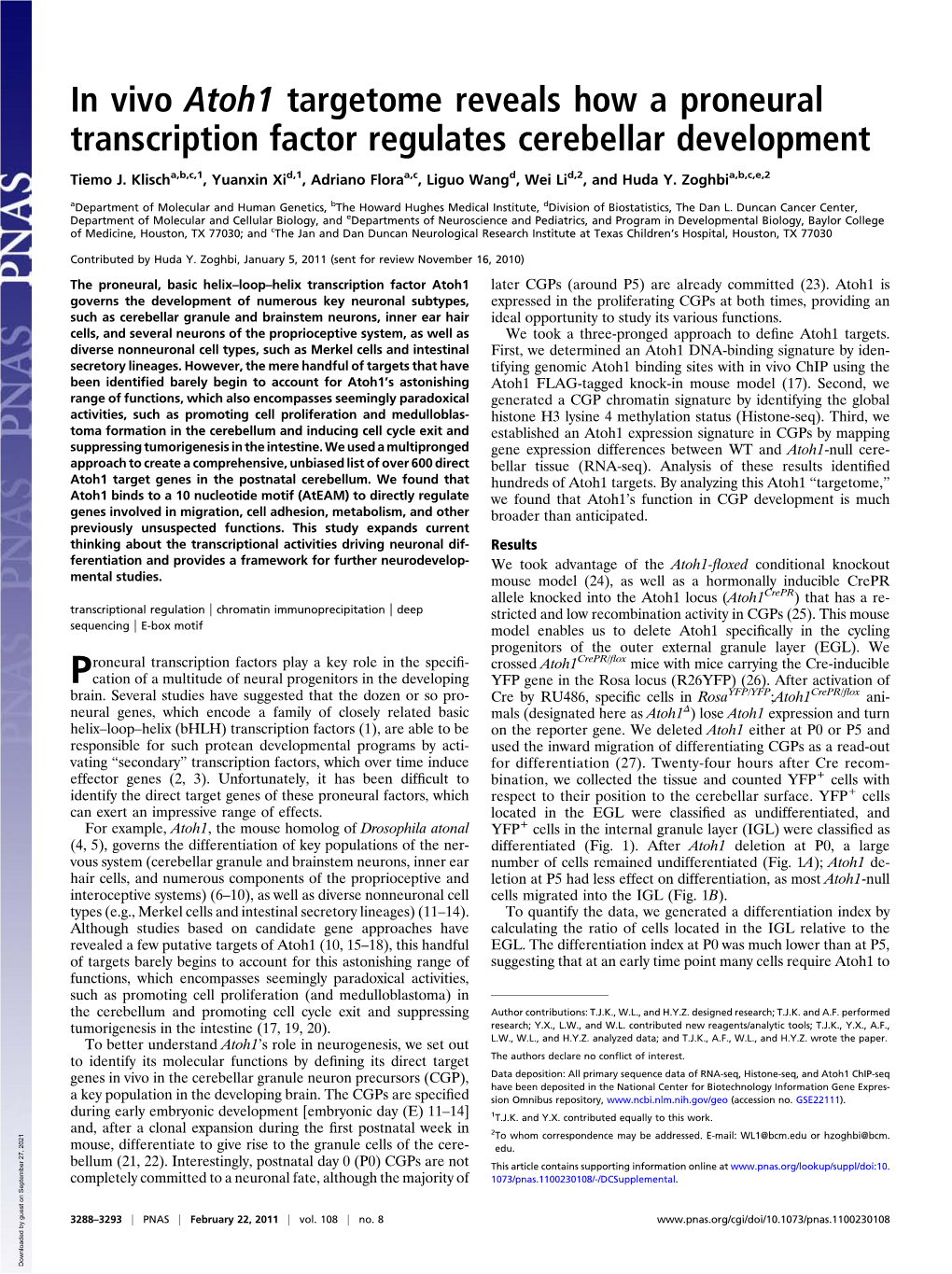 In Vivo Atoh1 Targetome Reveals How a Proneural Transcription Factor Regulates Cerebellar Development