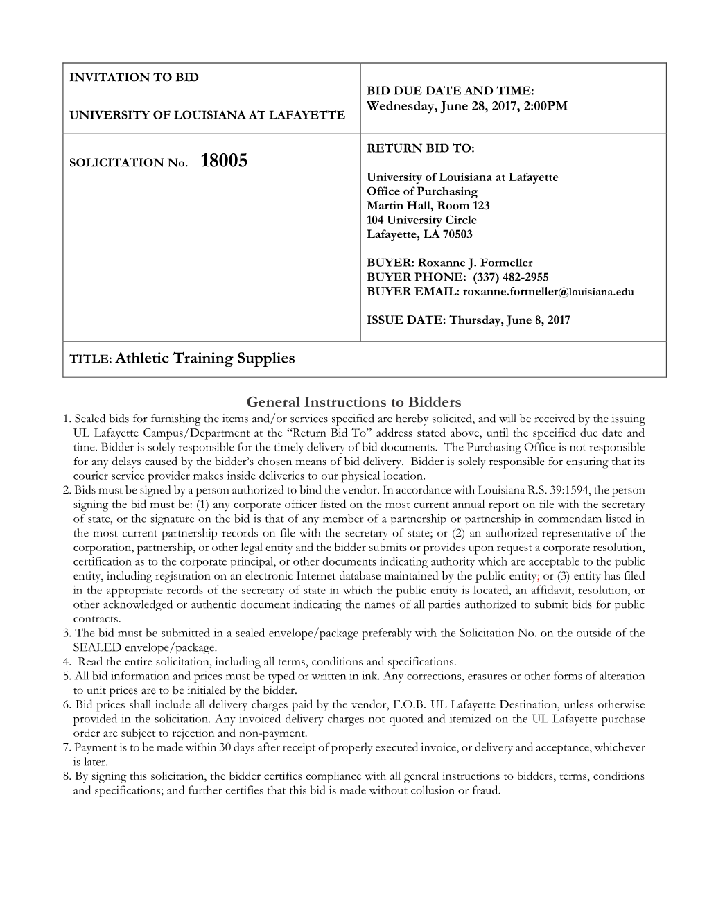 TITLE: Athletic Training Supplies General Instructions to Bidders