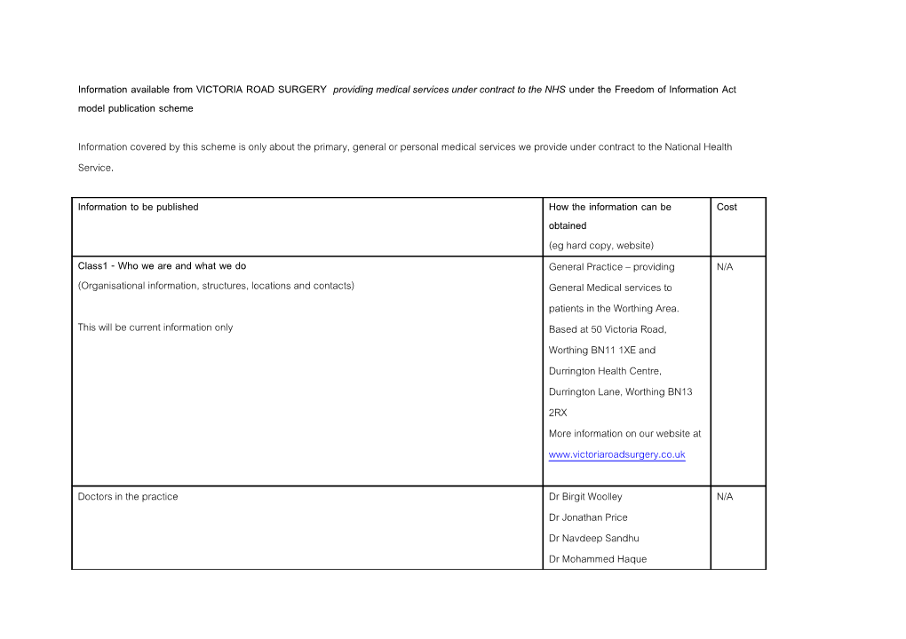 Information Available from VICTORIA ROAD SURGERY Providing Medical Services Under Contract