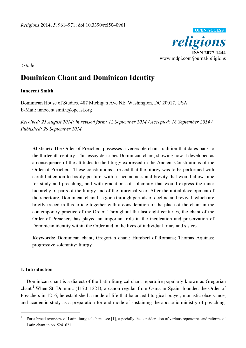 Dominican Chant and Dominican Identity