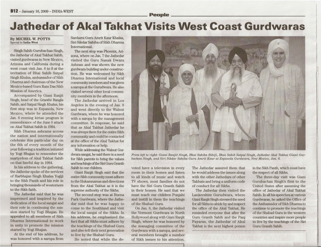 Jathedar of Akal Takhat Visits West Coast Gurdvvaras