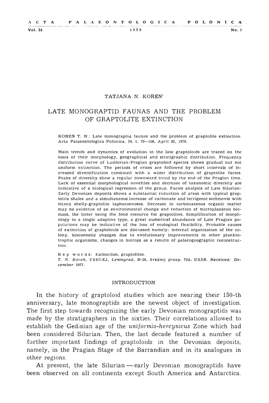 Late Monograptid Faunas and the Problem of Graptolite Extinction