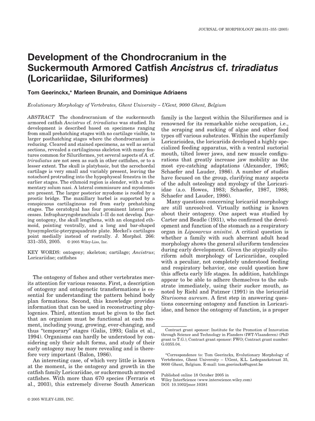 Development of the Chondrocranium in the Suckermouth Armored Catﬁsh Ancistrus Cf