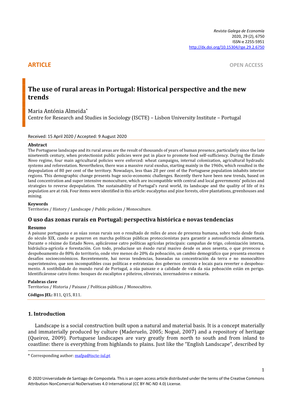 ARTICLE the Use of Rural Areas in Portugal