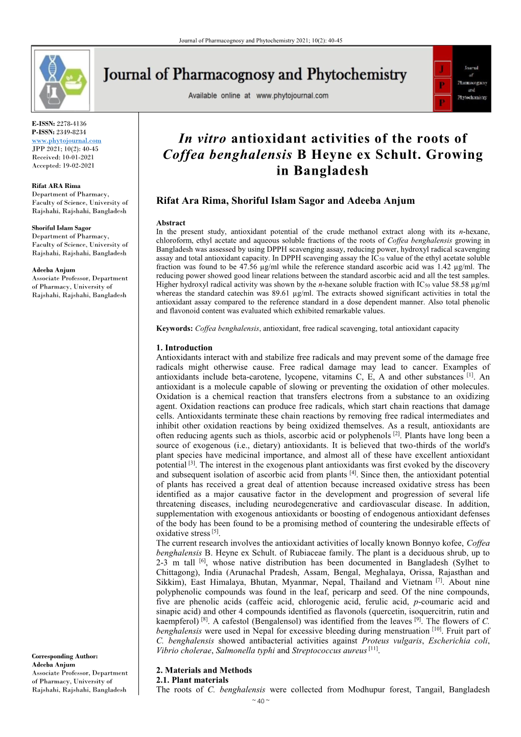 In Vitro Antioxidant Activities of the Roots of Coffea Benghalensis B