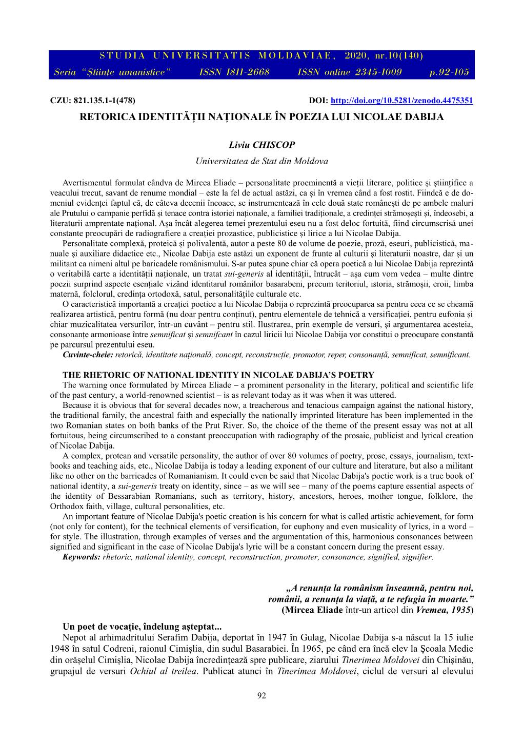 Retorica Identității Naționale În Poezia Lui Nicolae Dabija