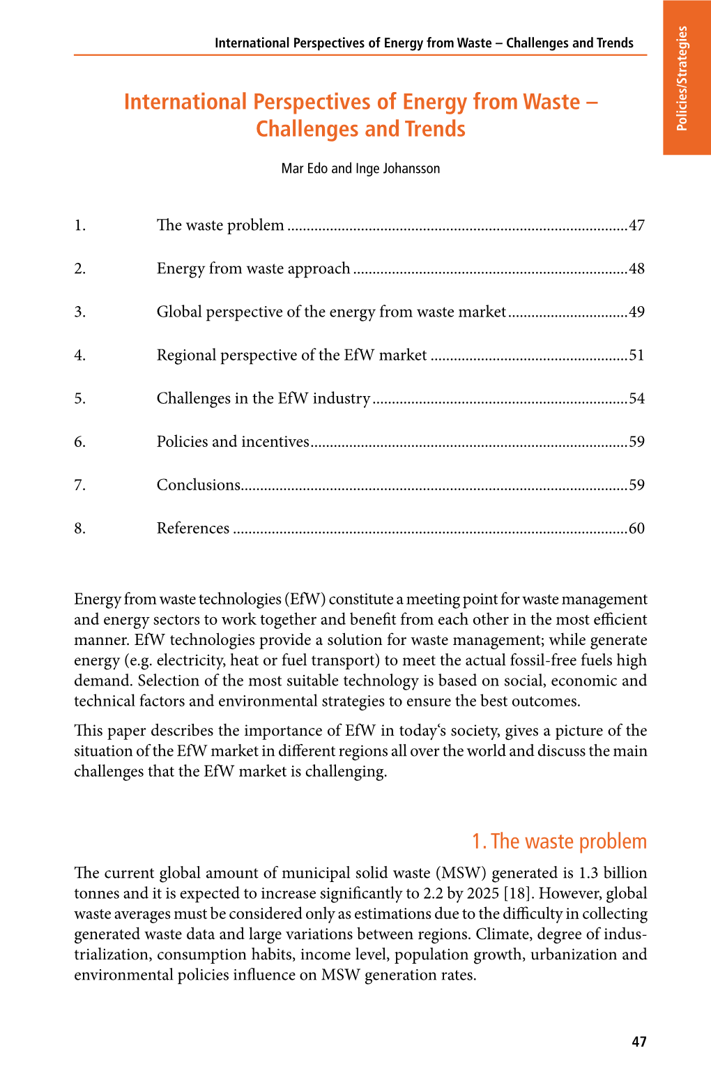 International Perspectives of Energy from Waste – Challenges and Trends