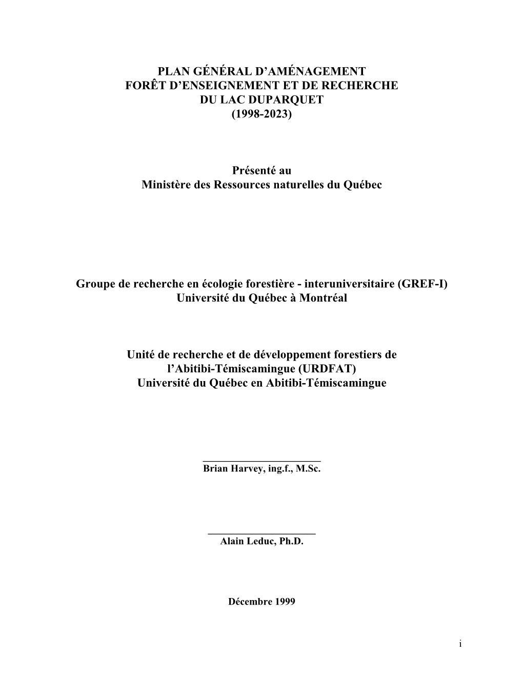 Plan Général D'aménagement FERLD (1998-2023)