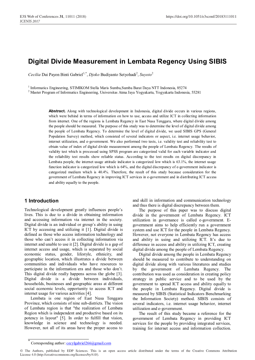 Digital Divide Measurement in Lembata Regency Using SIBIS