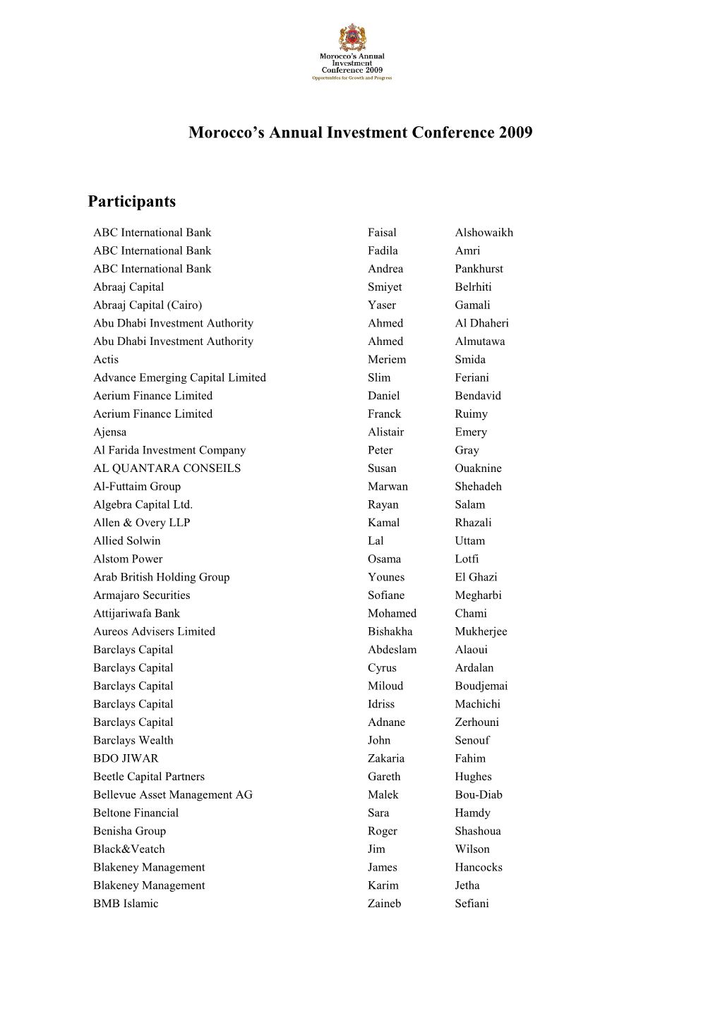Morocco's Annual Investment Conference 2009 Participants