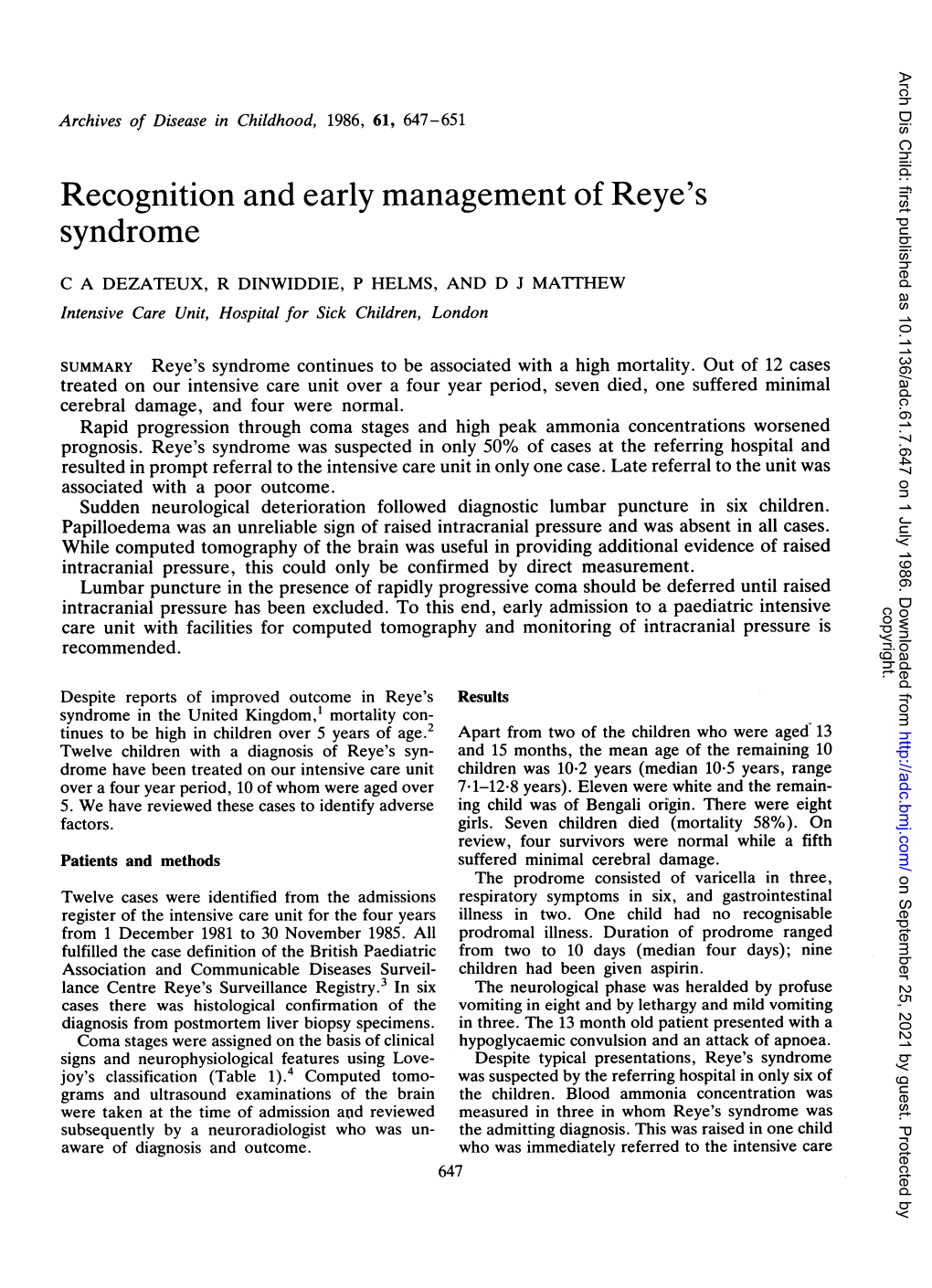 Recognition and Early Management of Reye's Syndrome
