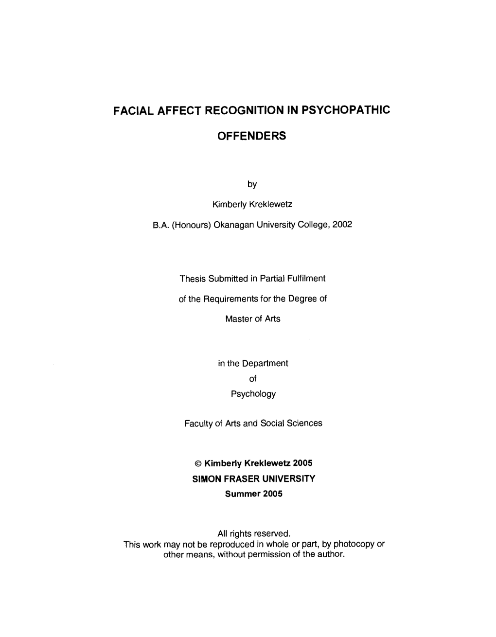 Facial Affect Recognition in Psychopathic Offenders Examining Committee