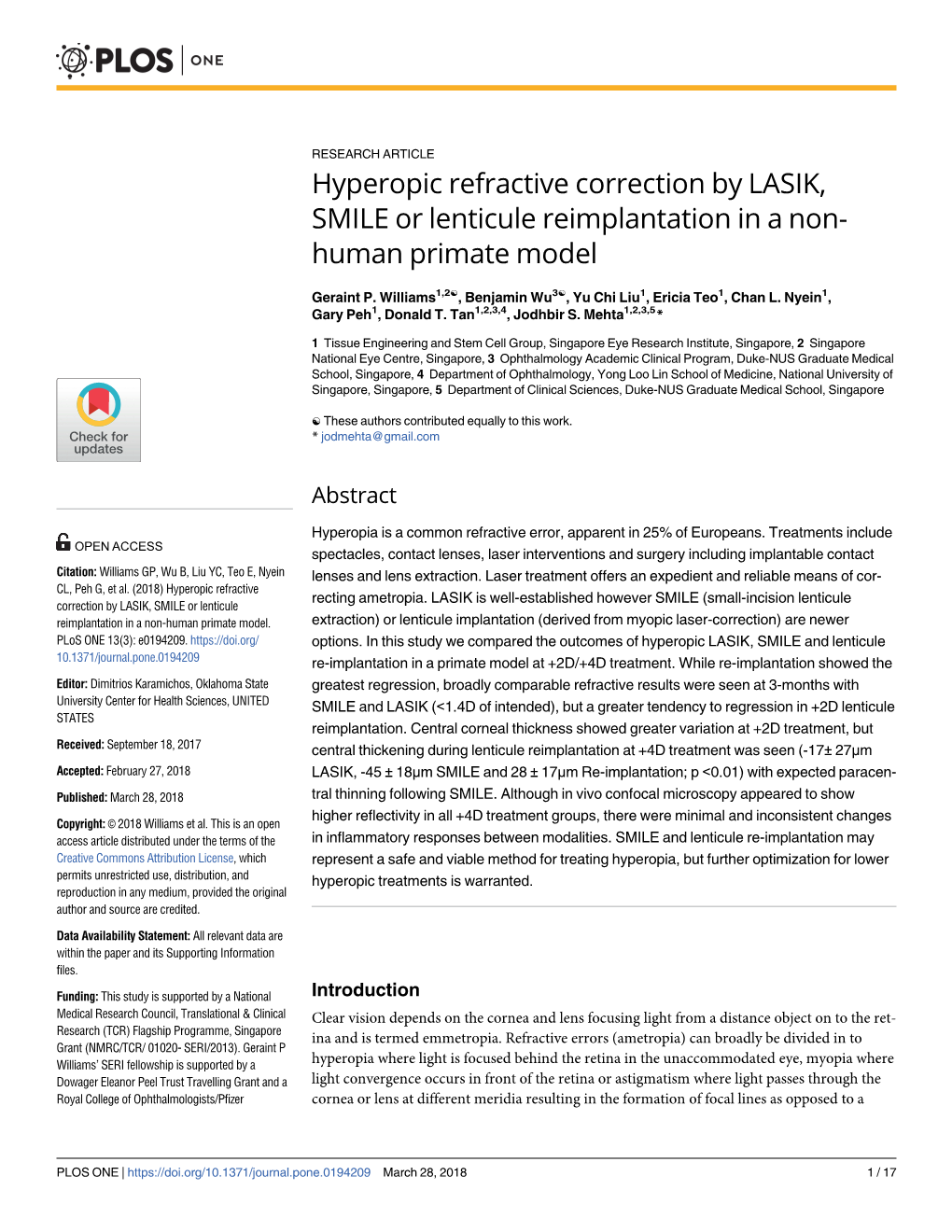 Hyperopic Refractive Correction by LASIK, SMILE Or Lenticule Reimplantation in a Non- Human Primate Model