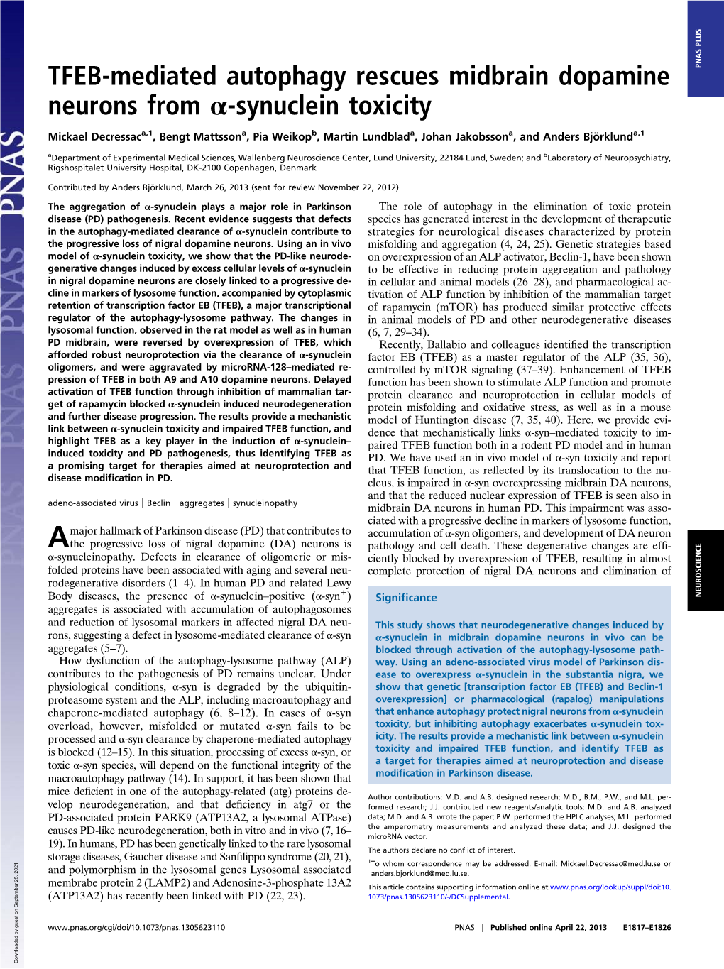 TFEB-Mediated Autophagy Rescues Midbrain Dopamine Neurons from Α-Synuclein Toxicity