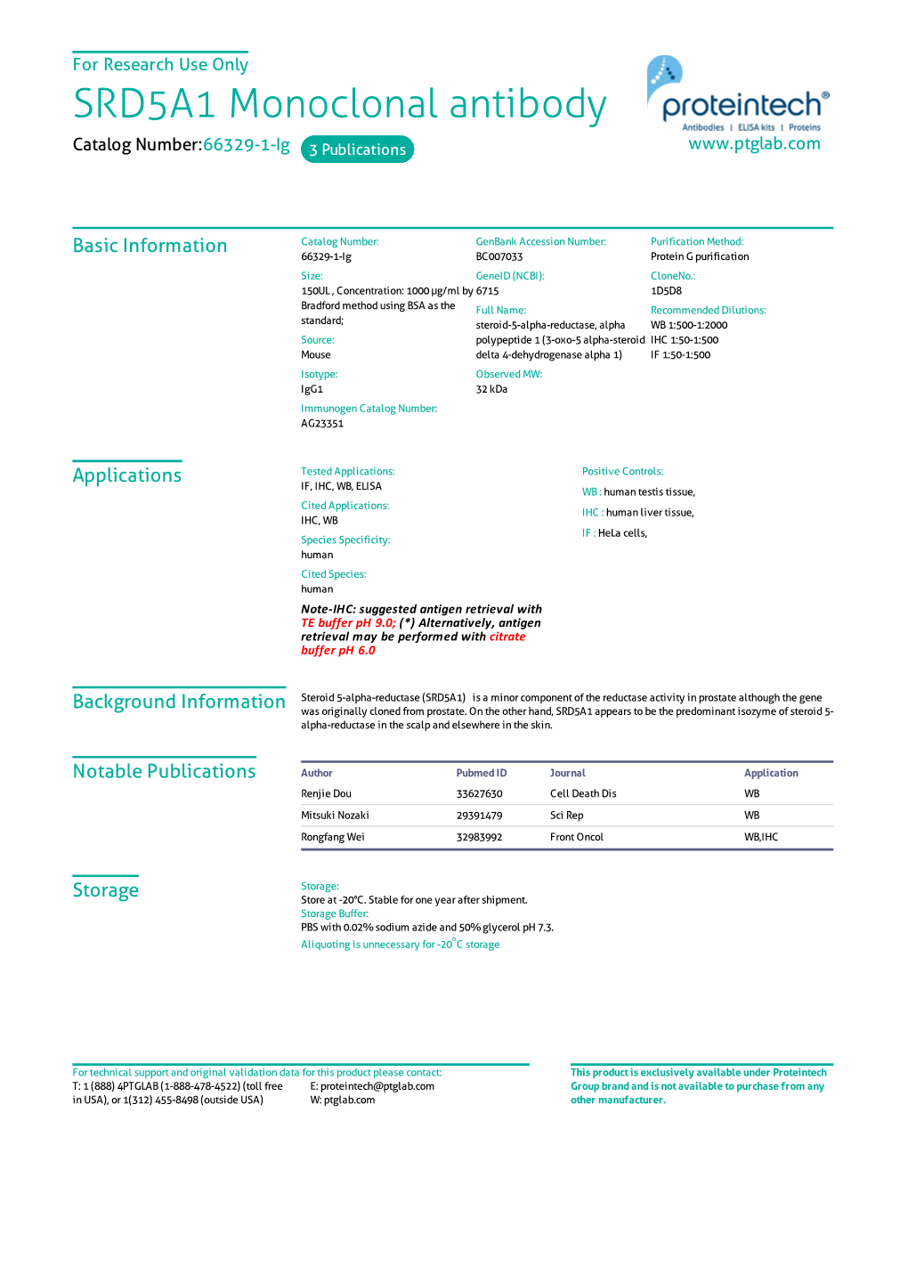 SRD5A1 Monoclonal Antibody Catalog Number:66329-1-Ig 3 Publications