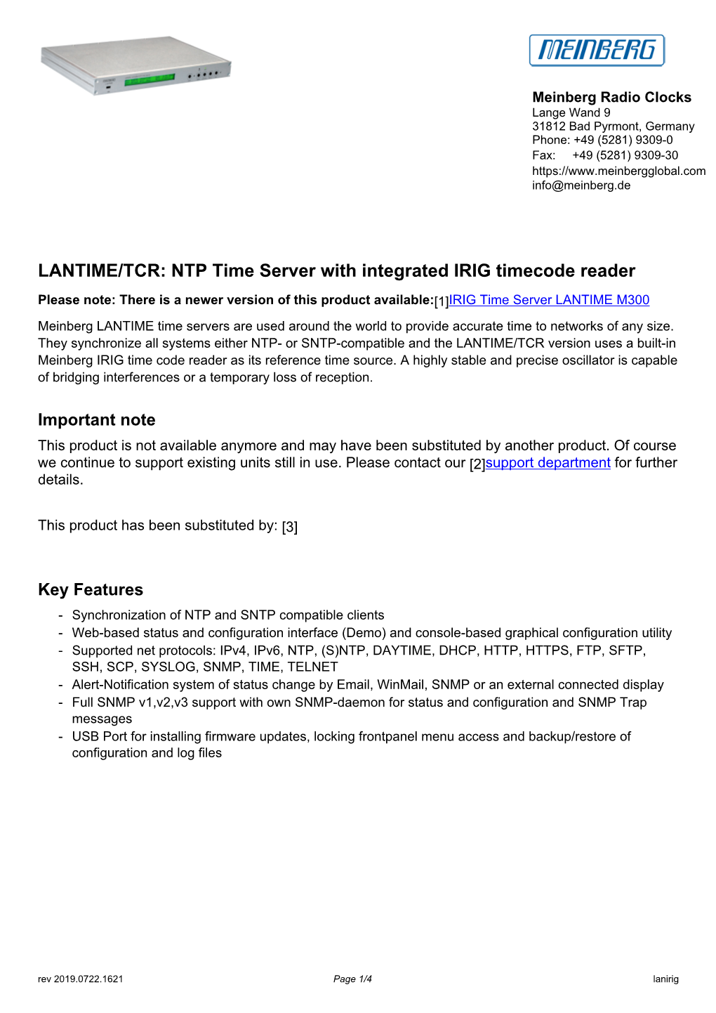 LANTIME/TCR: NTP Time Server with Integrated IRIG Timecode Reader