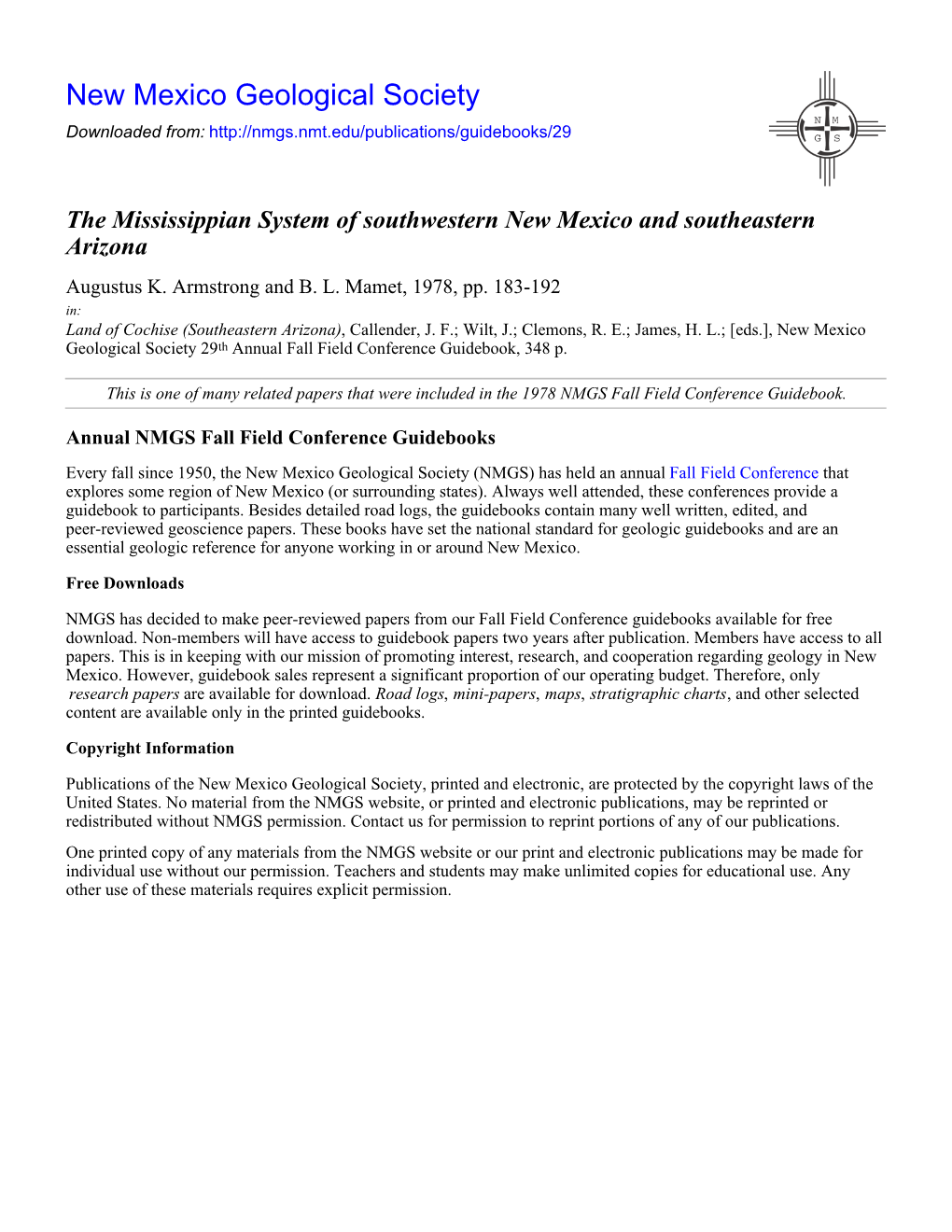 The Mississippian System of Southwestern New Mexico and Southeastern Arizona Augustus K