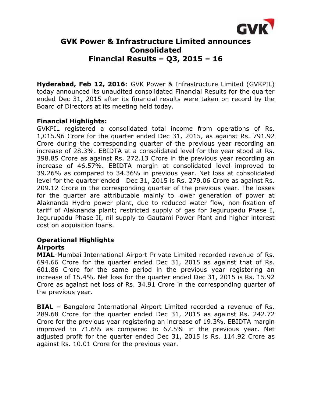 GVK Power & Infrastructure Limited Announces Consolidated Financial Results – Q3, 2015 – 16