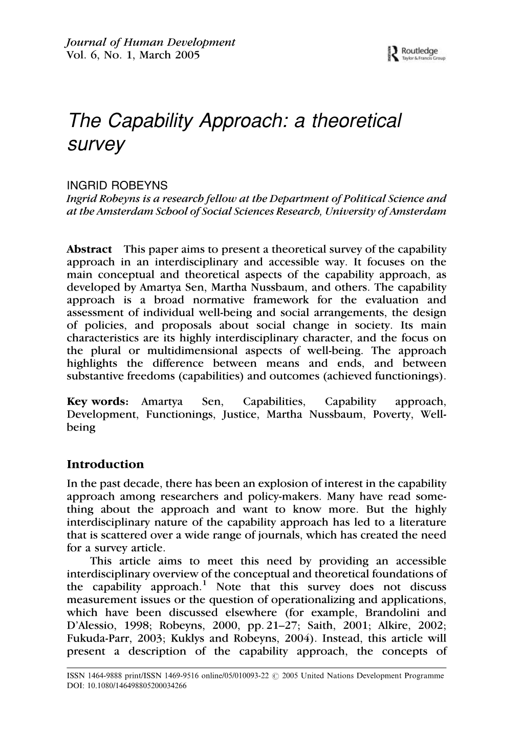 The Capability Approach: a Theoretical Survey