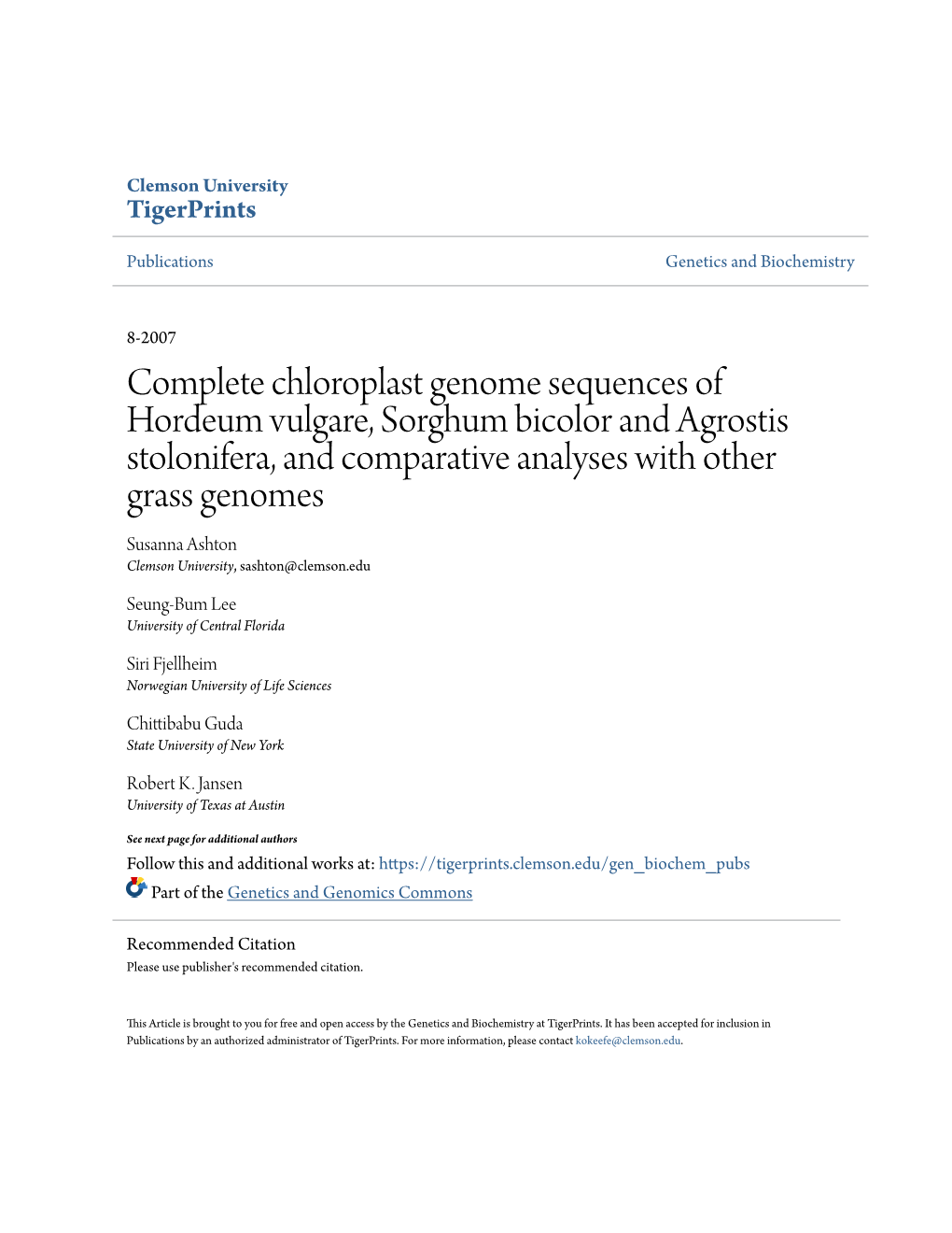 Complete Chloroplast Genome Sequences of Hordeum Vulgare