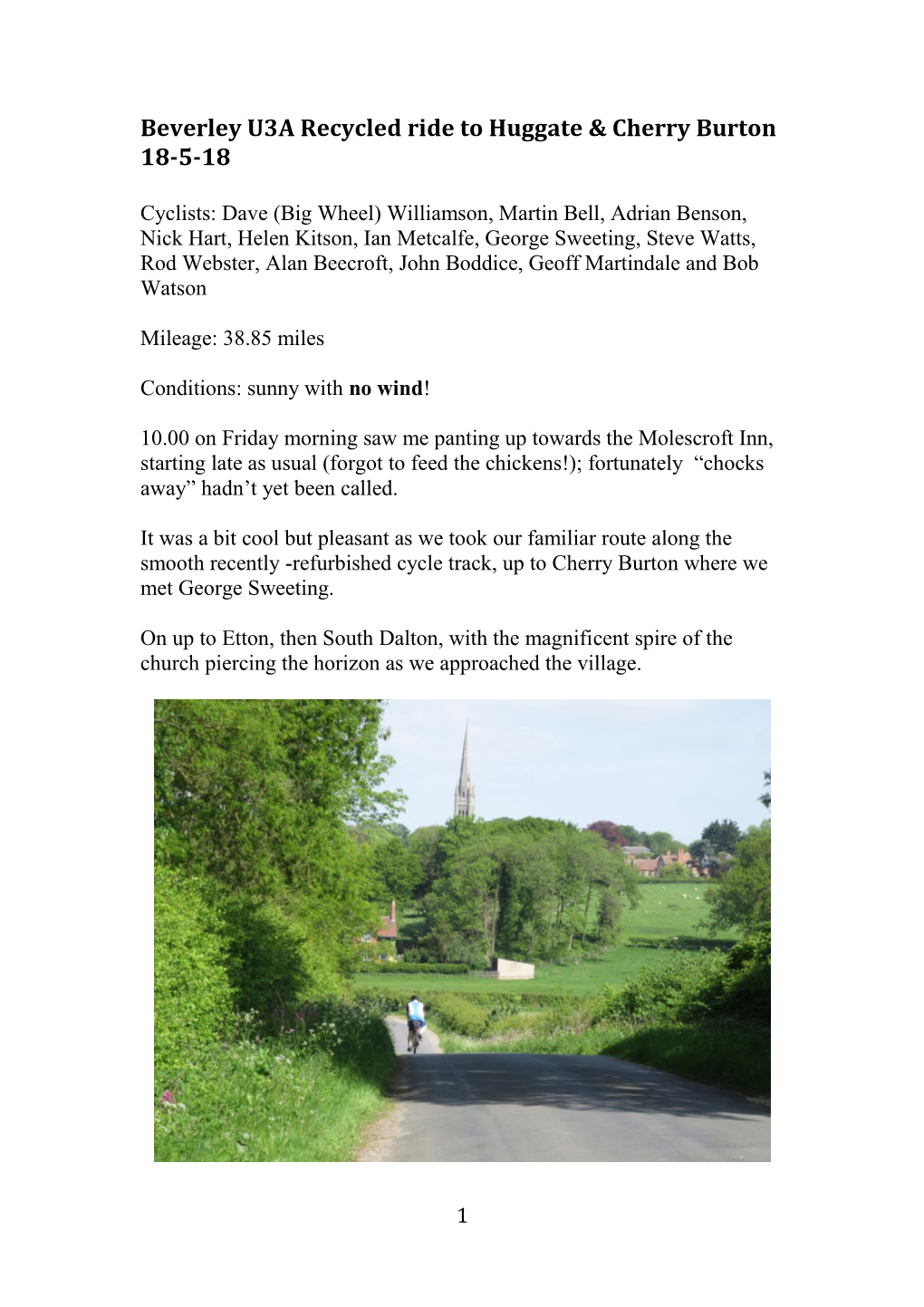 Beverley U3A Recycled Ride to Huggate & Cherry Burton 18-5-18