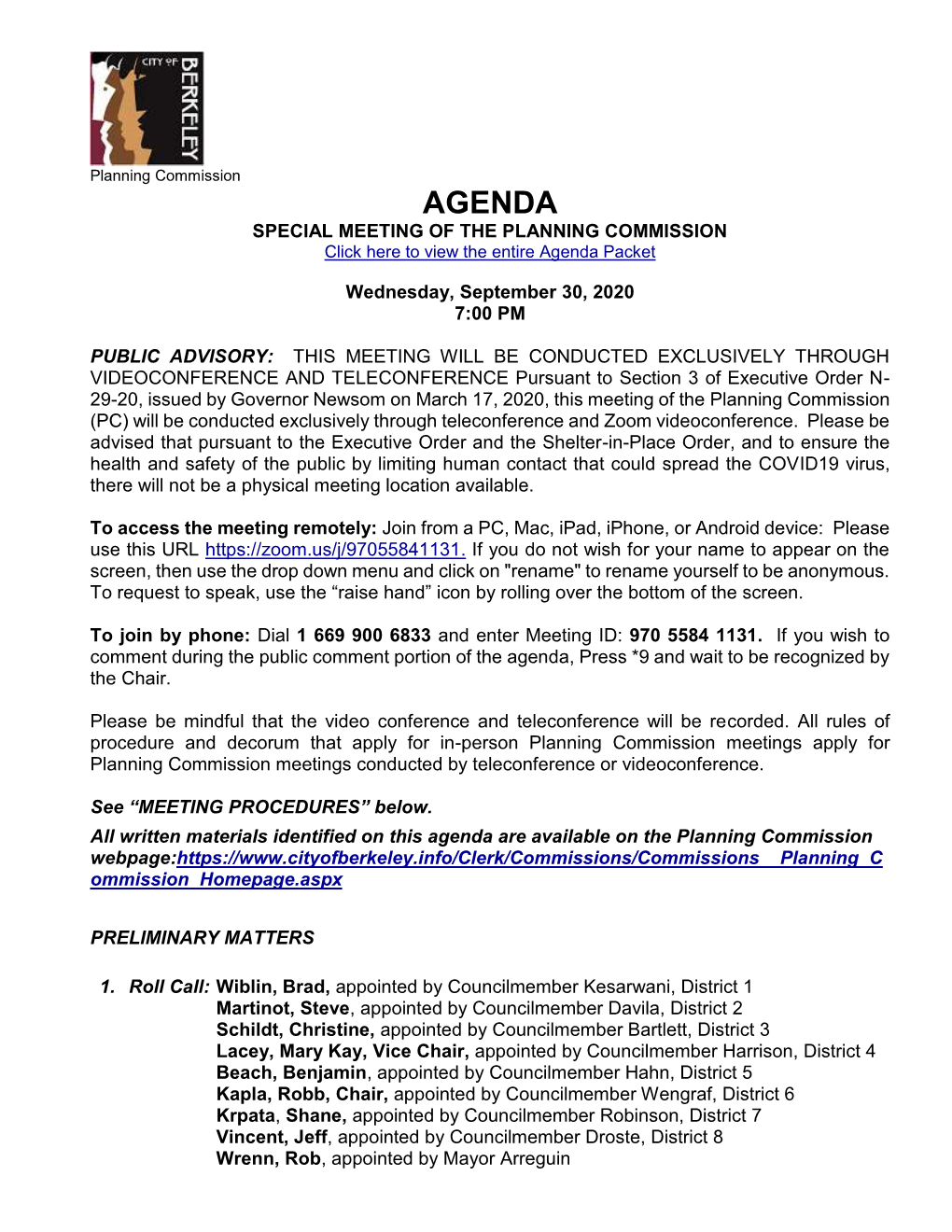 AGENDA SPECIAL MEETING of the PLANNING COMMISSION Click Here to View the Entire Agenda Packet