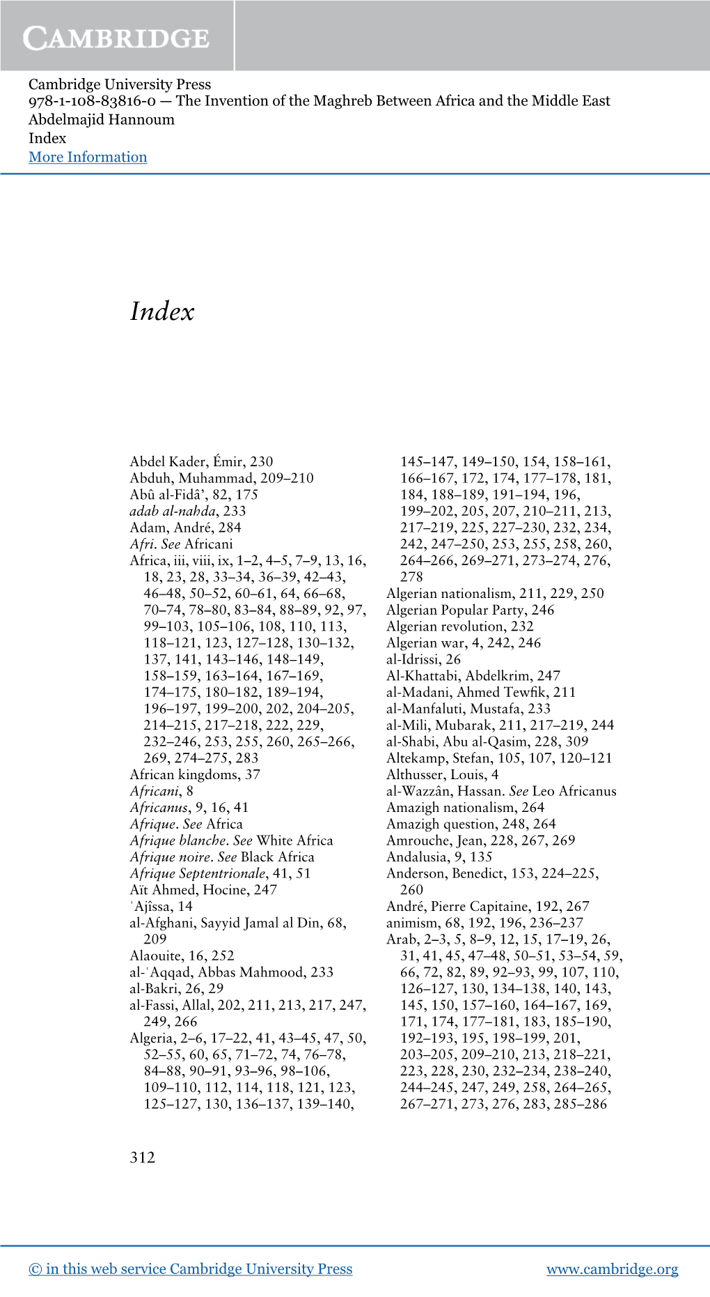 Cambridge University Press 978-1-108-83816-0 — the Invention of the Maghreb Between Africa and the Middle East Abdelmajid Hannoum Index More Information