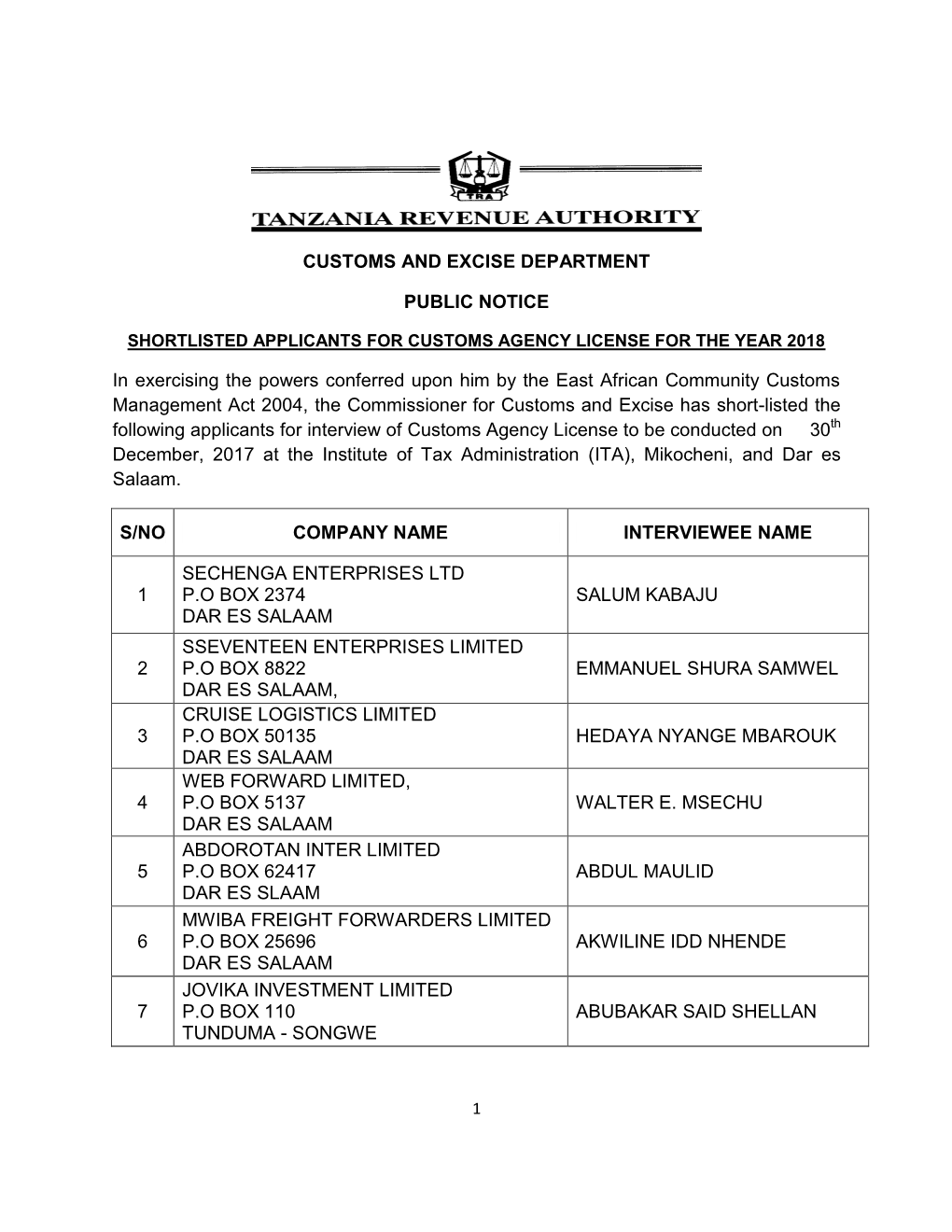 CUSTOMS and EXCISE DEPARTMENT PUBLIC NOTICE In