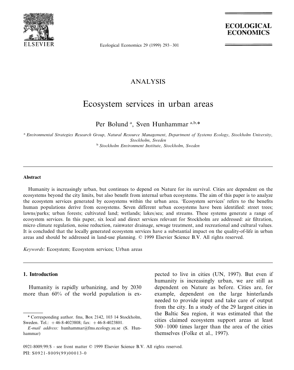 Ecosystem Services in Urban Areas