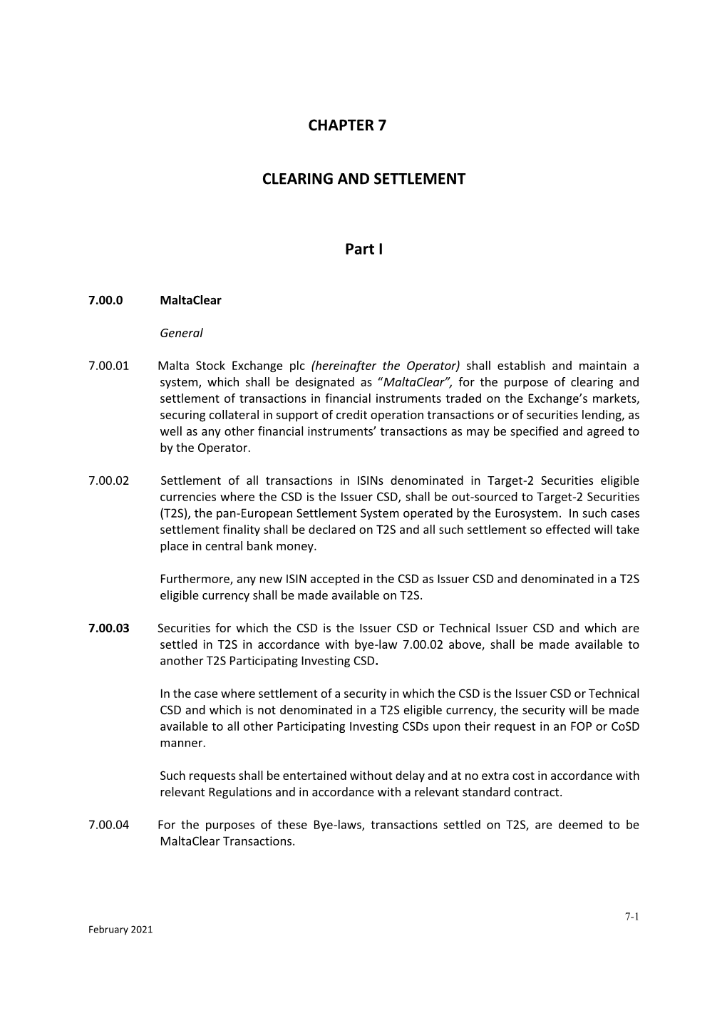CHAPTER 7 CLEARING and SETTLEMENT Part I