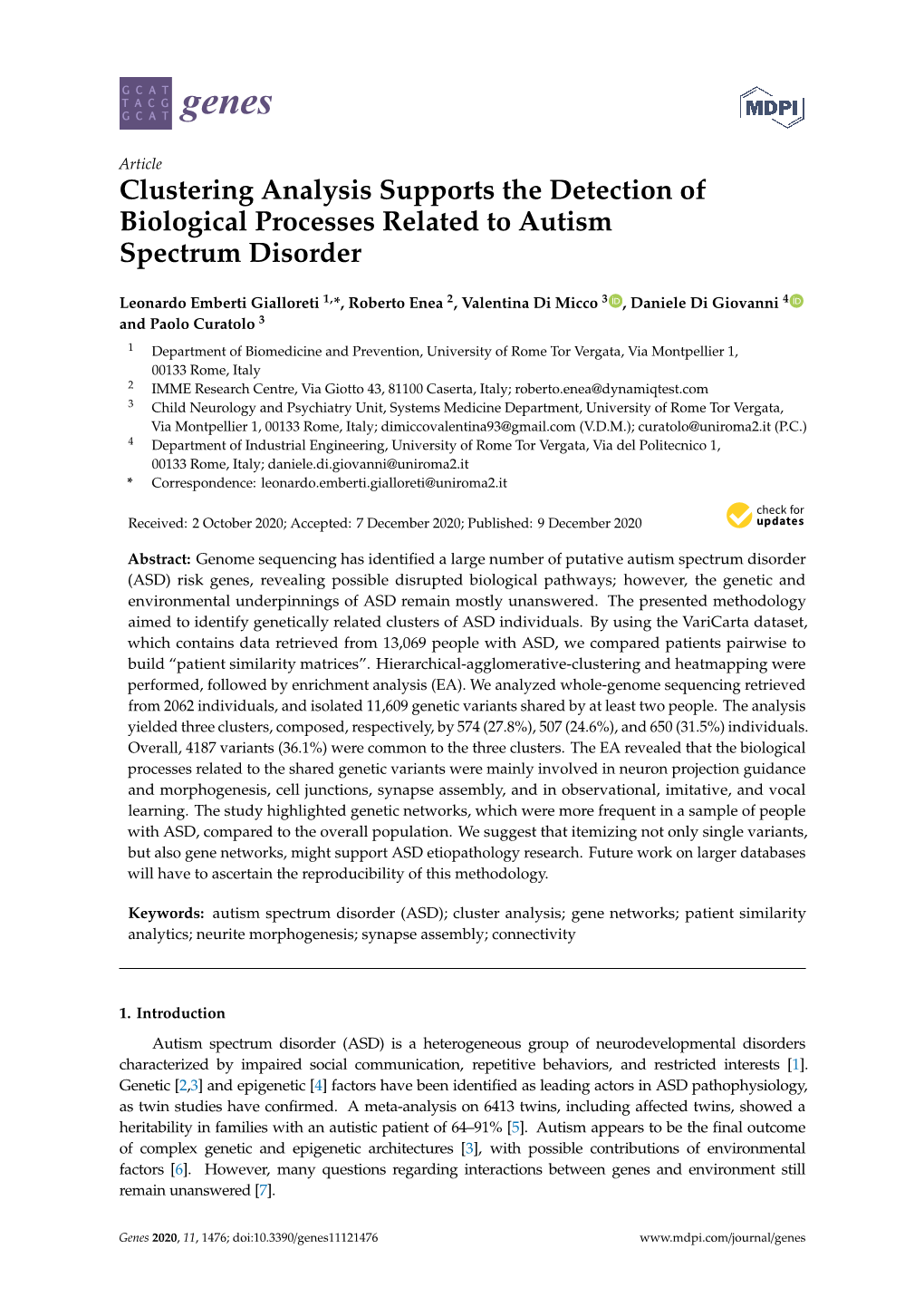 Clustering Analysis Supports the Detection of Biological Processes Related to Autism Spectrum Disorder