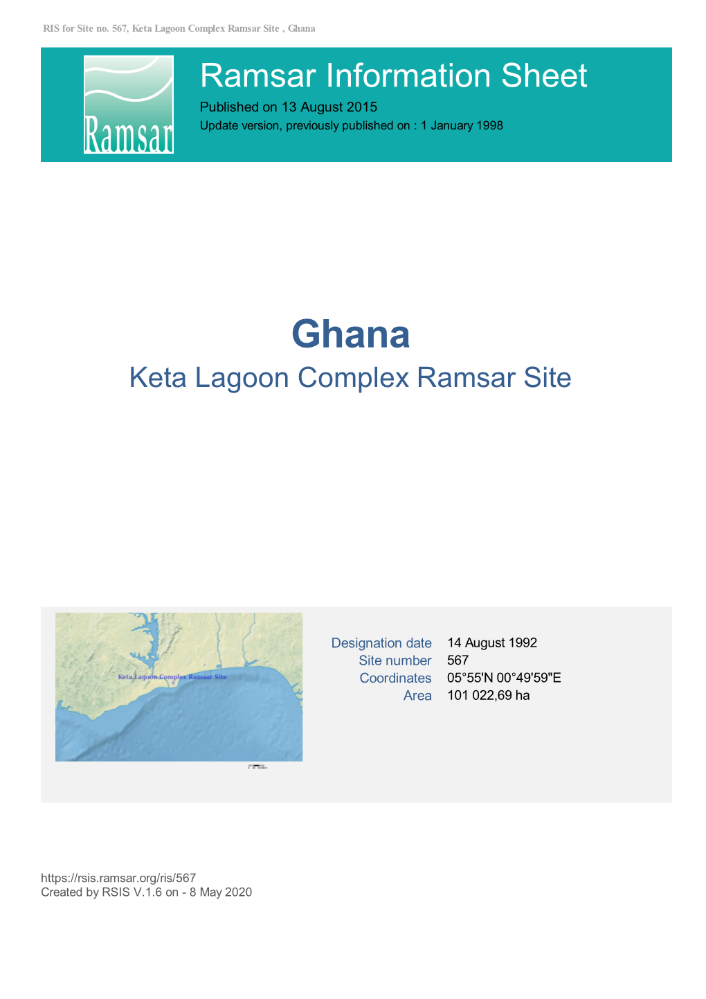 Ramsar Information Sheet Published on 13 August 2015 Update Version, Previously Published on : 1 January 1998