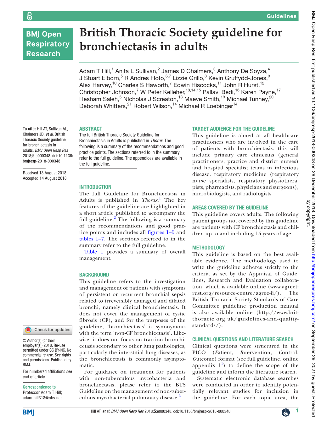 British Thoracic Society Guideline for Bronchiectasis in Adults