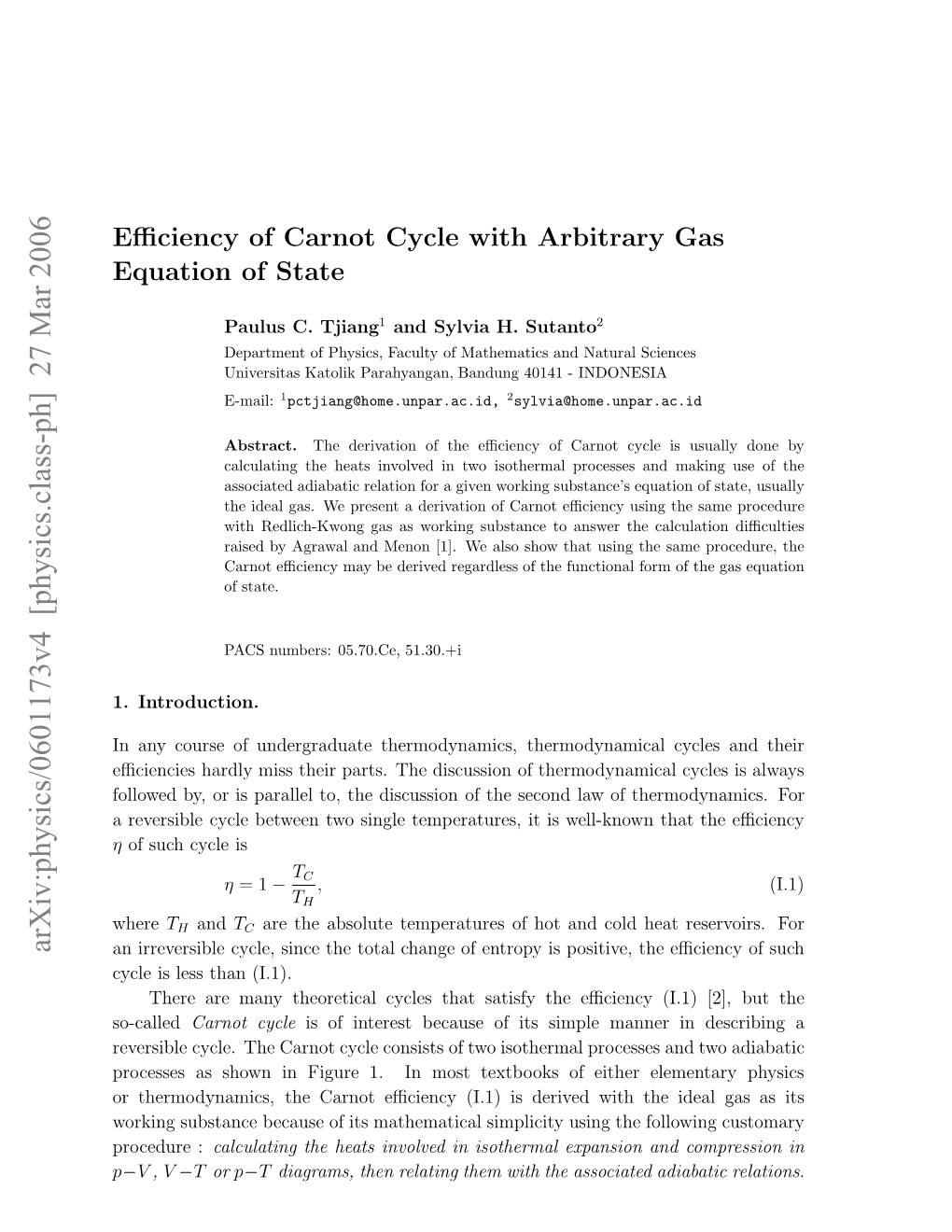 Efficiency of Carnot Cycle with Arbitrary Gas Equation of State