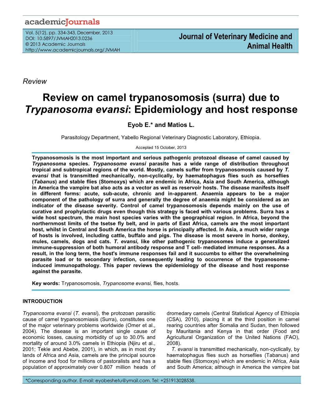 Review on Camel Trypanosomosis (Surra) Due to Trypanosoma Evansi: Epidemiology and Host Response