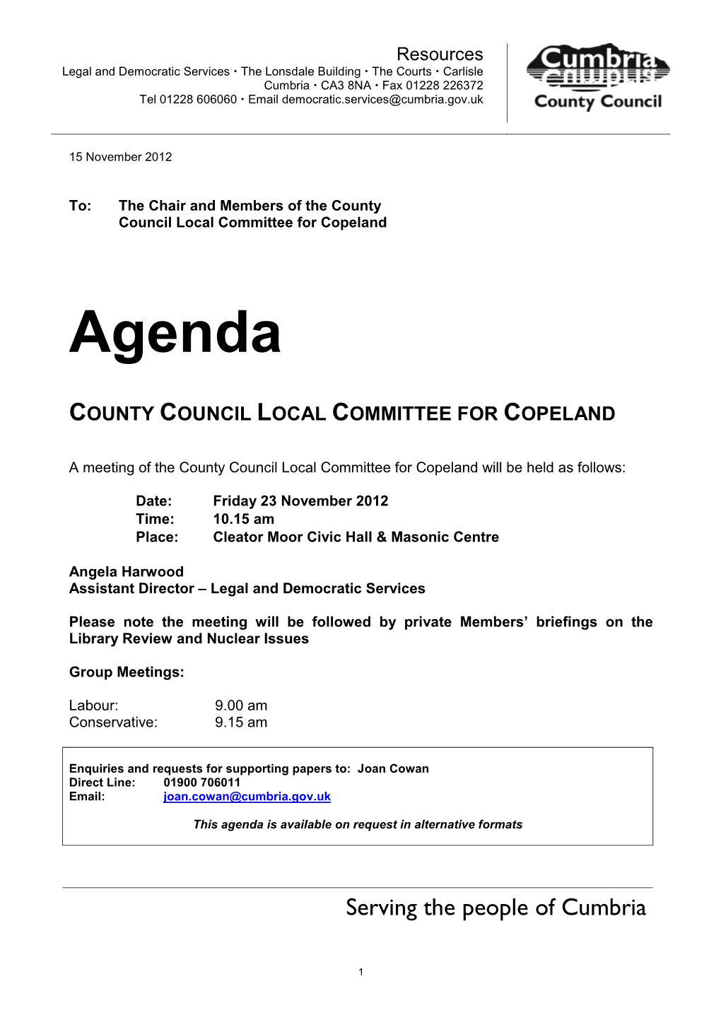 Agenda COUNTY COUNCIL LOCAL COMMITTEE for COPELAND