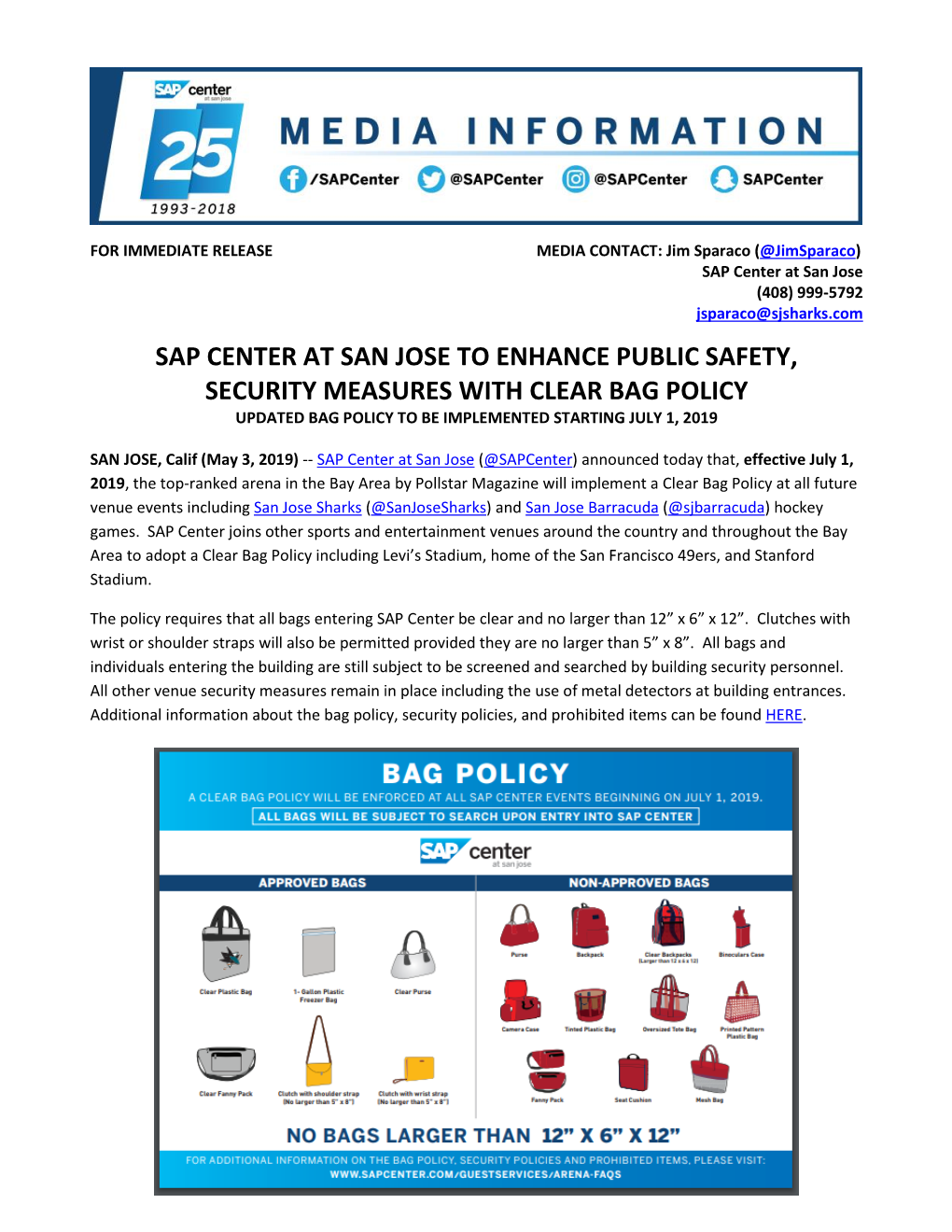 Sap Center at San Jose to Enhance Public Safety, Security Measures with Clear Bag Policy Updated Bag Policy to Be Implemented Starting July 1, 2019