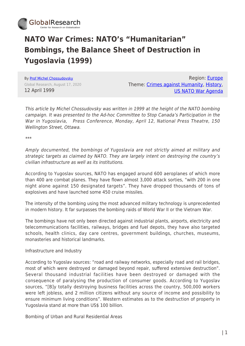 Bombings, the Balance Sheet of Destruction in Yugoslavia (1999)