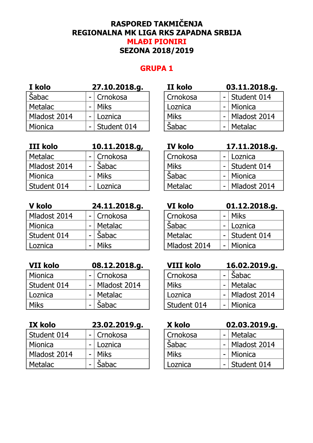 Raspored Takmicenja MLADJI PIONIRI