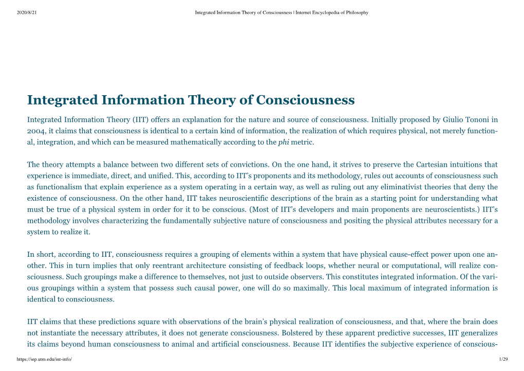 Integrated Information Theory of Consciousness | Internet Encyclopedia of Philosophy