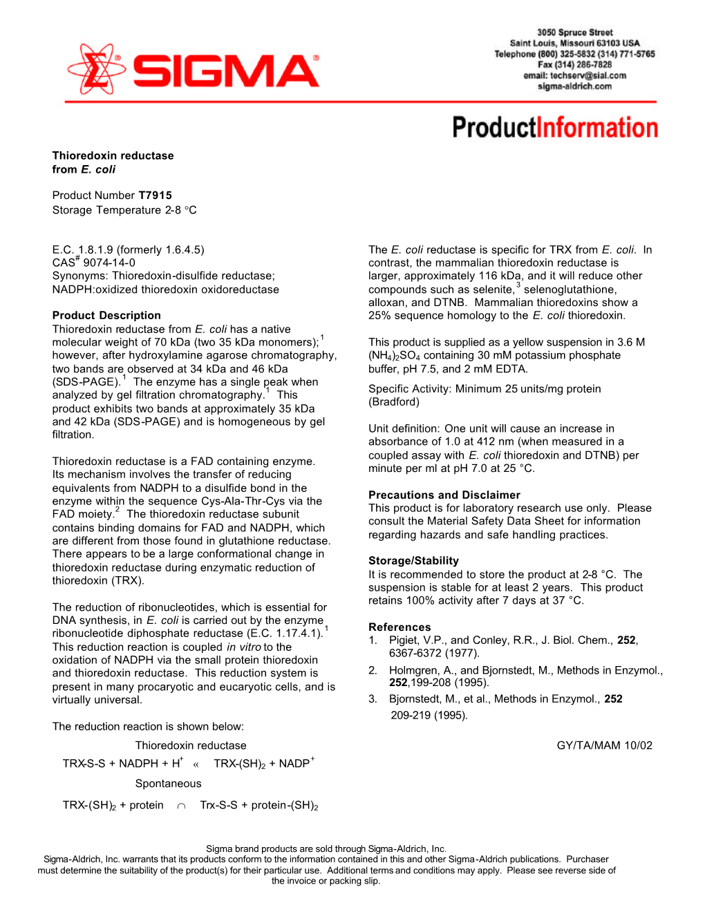 Thioredoxin Reductase from E. Coli Product Number