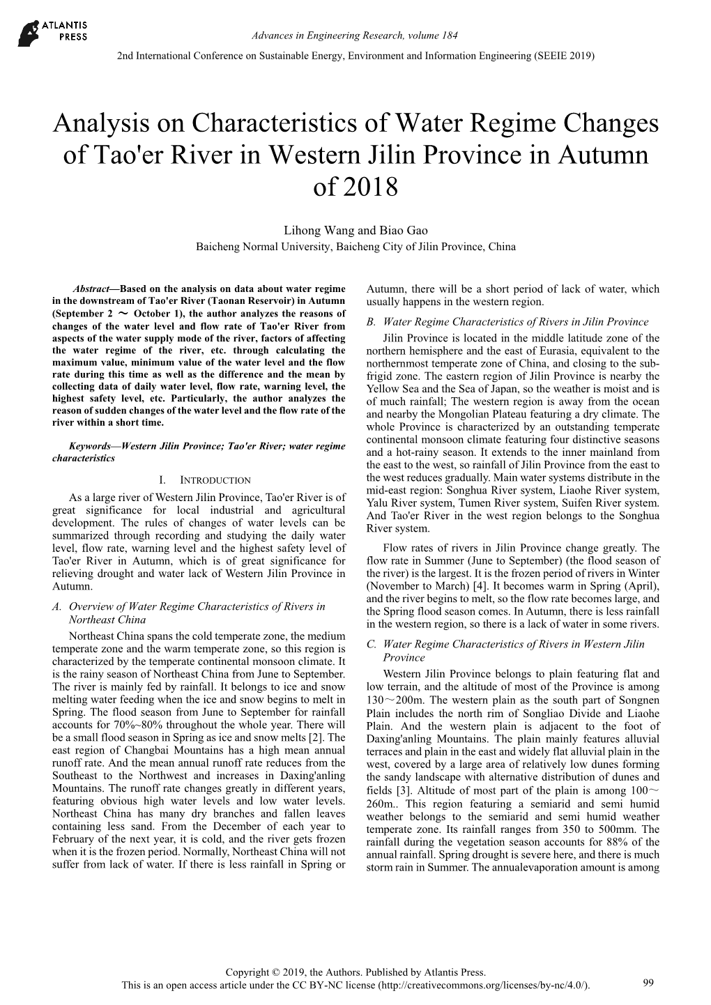 Analysis on Characteristics of Water Regime Changes of Tao'er River in Western Jilin Province in Autumn of 2018